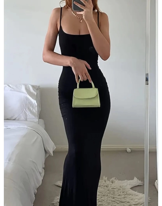 Kadın Kolsuz Askılı Bodycon Uzun Viskon Elbise