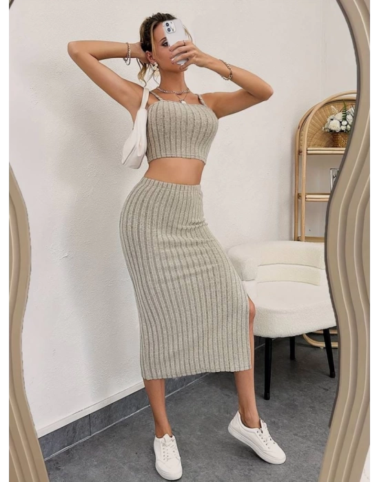 Kadın Kolsuz Askılı Crop Yırtmaçlı Midi Etek Fitilli Kaşkorse Takım