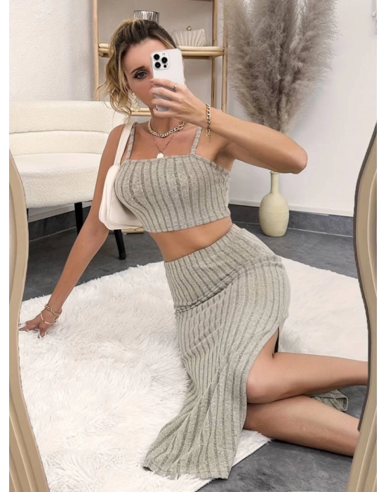 Kadın Kolsuz Askılı Crop Yırtmaçlı Midi Etek Fitilli Kaşkorse Takım