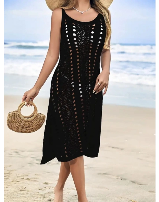 Kadın Kolsuz Askılı Yan Yırtmaç Detay Triko Midi Boy Elbise