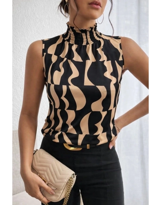 Kadın Kolsuz Balıkçı Yaka Desenli Süprem Bluz