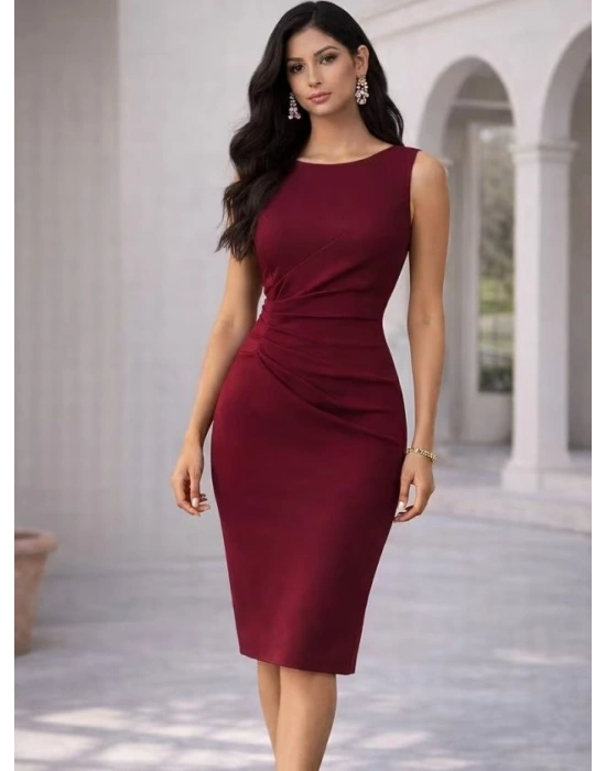 Kadın Kolsuz Boğaza Sıfır Yakalı Yandan Büzgülü Kısa Janjan Krep Elbise