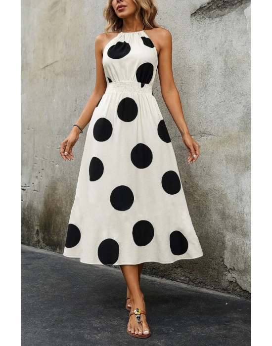 Kadın Kolsuz Boyundan Bağlamalı Beli Lastikli Dijital Baskı Süprem Uzun Elbise