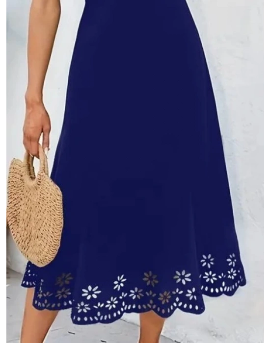 Kadın Kolsuz Etek Ucu Lazer Kesim çiçek Desenli Midi Boy Ithal Krep Elbise