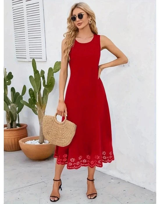 Kadın Kolsuz Etek Ucu Lazer Kesim çiçek Desenli Midi Boy Ithal Krep Elbise