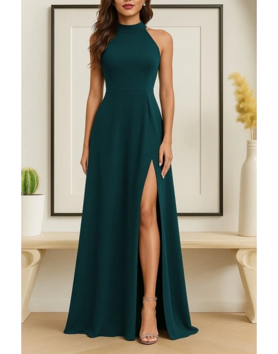 Kadın Kolsuz Halter Yaka Derin Yırtmaç Detaylı Tam Boy Ithal Krep Elbise