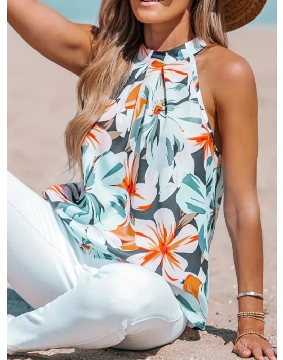 Kadın Kolsuz Halter Yaka Desenli Bluz