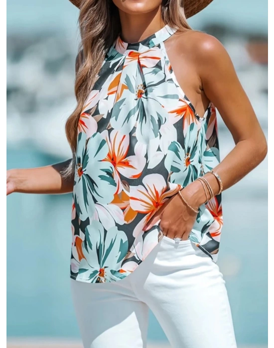 Kadın Kolsuz Halter Yaka Desenli Bluz