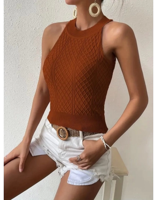Kadın Kolsuz Halter Yaka Mini Baklava Desenli Triko Bluz