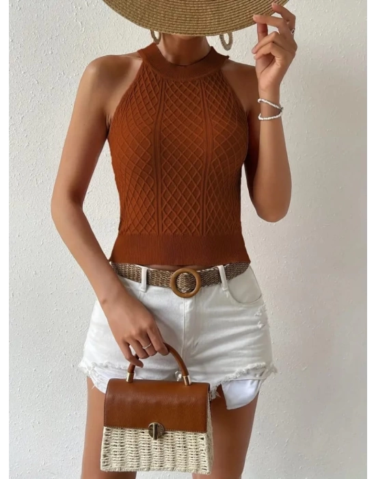Kadın Kolsuz Halter Yaka Mini Baklava Desenli Triko Bluz