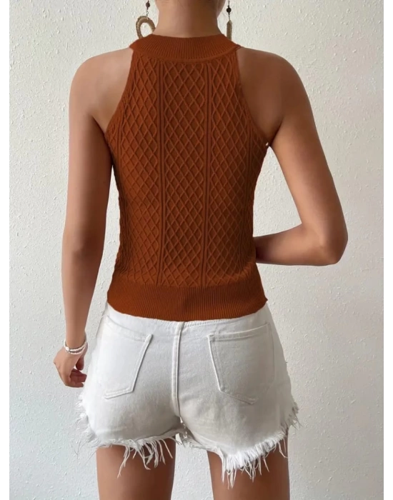Kadın Kolsuz Halter Yaka Mini Baklava Desenli Triko Bluz