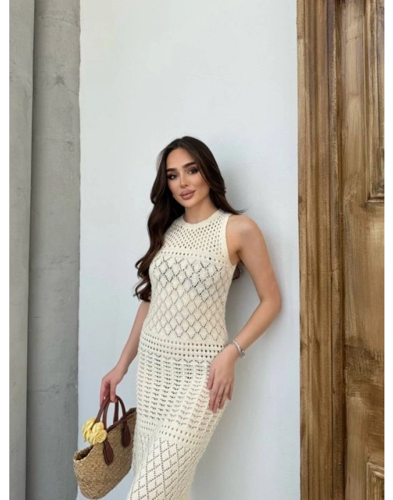 Kadın Kolsuz Kuş Gözü Teday Full Transparan Maxi Boy Elbise