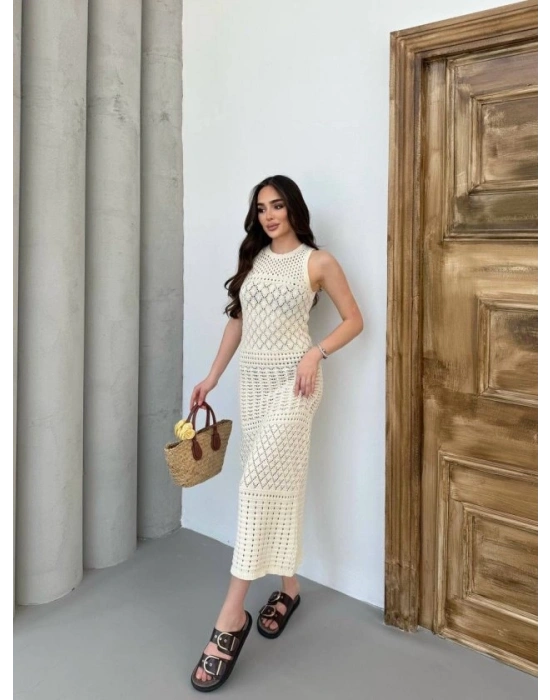 Kadın Kolsuz Kuş Gözü Teday Full Transparan Maxi Boy Elbise