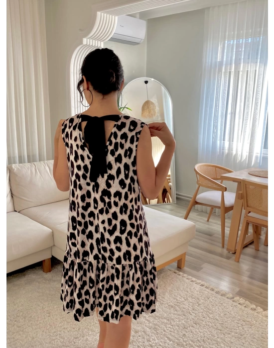 Kadın Kolsuz Sırttan Bağlamalı Fırfırlı Leopar Desenli Süprem Elbise