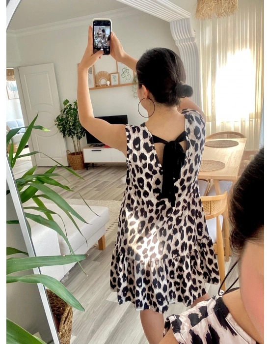 Kadın Kolsuz Sırttan Bağlamalı Fırfırlı Leopar Desenli Süprem Elbise