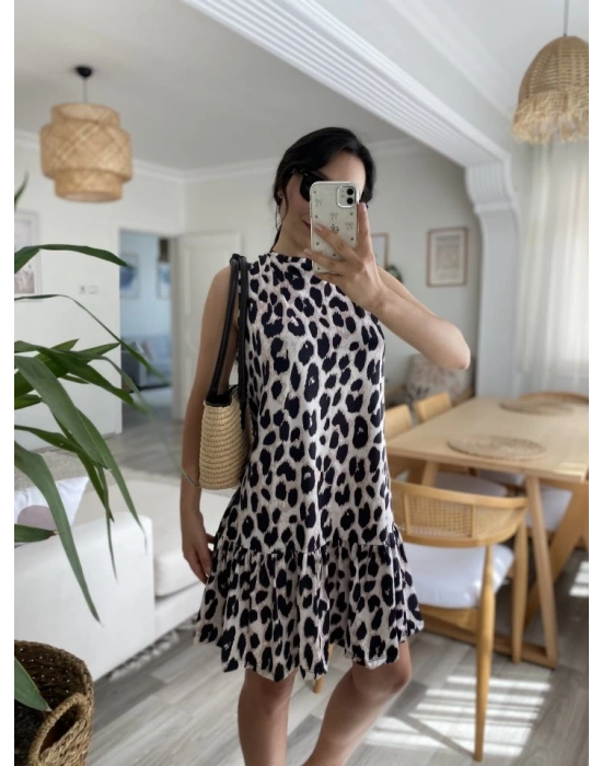 Kadın Kolsuz Sırttan Bağlamalı Fırfırlı Leopar Desenli Süprem Elbise