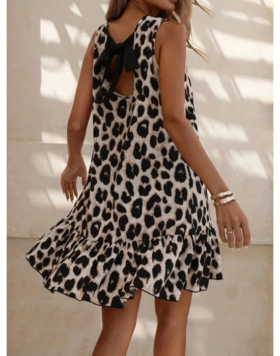 Kadın Kolsuz Sırttan Bağlamalı Fırfırlı Leopar Desenli Süprem Elbise
