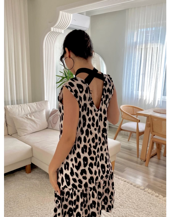 Kadın Kolsuz Sırttan Bağlamalı Fırfırlı Leopar Desenli Süprem Elbise