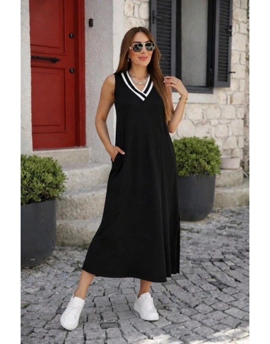 Kadın Kolsuz V Ribana Yakalı Cepli Uzun Viskon Iki Iplik Elbise