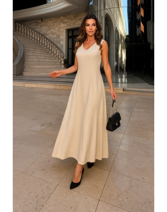 Kadın Kolsuz V Yakalı Maksi Boy Ithal Keten Elbise