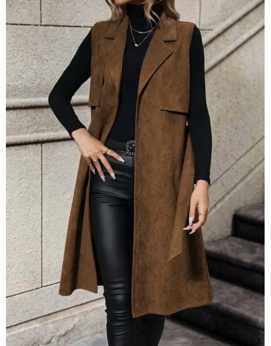 Kadın Kolsuz Yakalı önü Açık Belden Kuşaklı Süet Midi Yelek