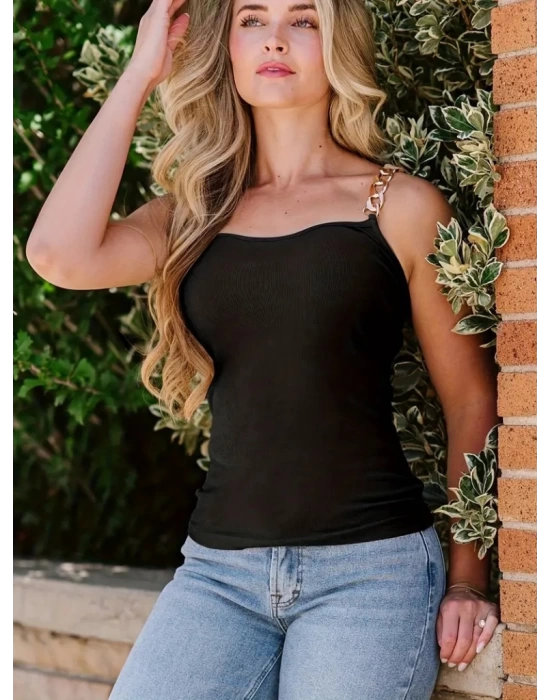 Kadın Kolsuz Zincir Askılı Kaşkorse Bodycon Bluz