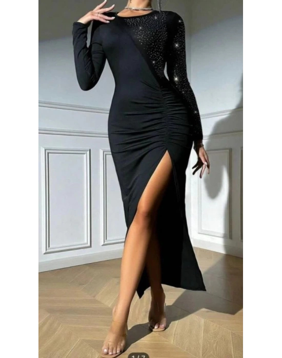 Kadın Krep Dalgıç Kumaş Taş Aksesuarlı Yırtmaç Detaylı Uzun Kollu Elbise