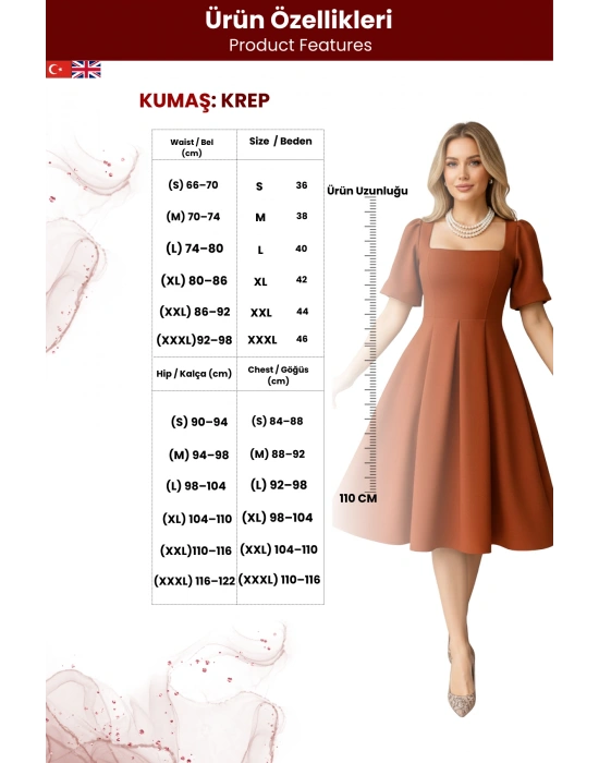 Kadın Krep Kumaş Balon Kol Pileli Kare Yaka Midi Boy Elbise