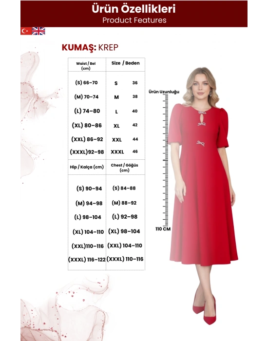 Kadın Krep Kumaş Fiyonk Detay Göğüs Dekolteli Midi Boy Elbise