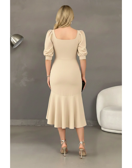Kadın Krep Kumaş Kare Yaka Balon Kol Balık Model Midi Boy Elbise