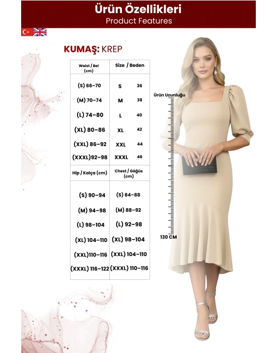 Kadın Krep Kumaş Kare Yaka Balon Kol Balık Model Midi Boy Elbise