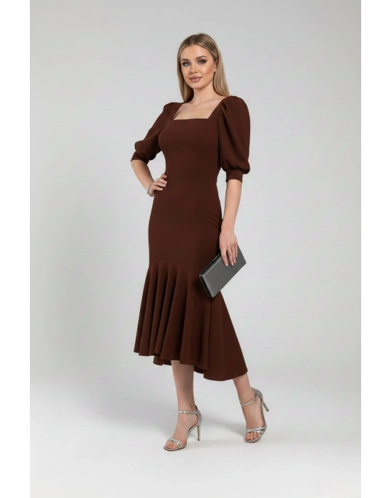 Kadın Krep Kumaş Kare Yaka Balon Kol Balık Model Midi Boy Elbise
