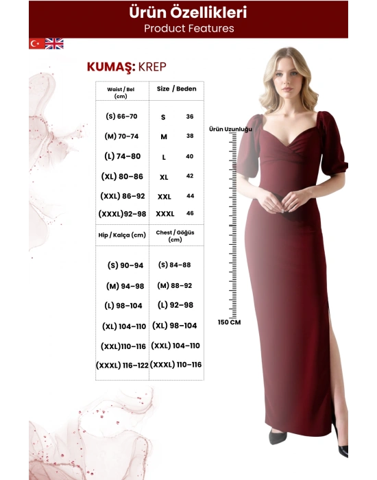 Kadın Krep Kumaş Kruvaze Yaka Balon Kol Yırtmaç Detaylı Maxi Elbise