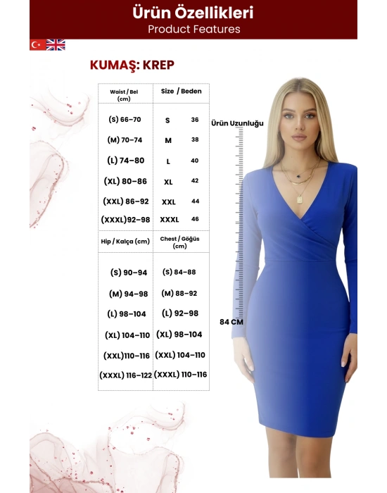 Kadın  Krep Kumaş Kruvaze Yaka Uzun Kollu Elbise