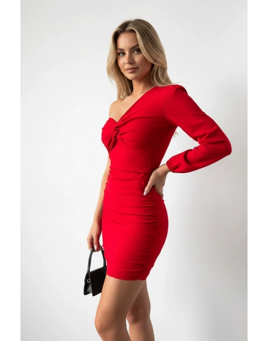 Kadın Krep Kumaş Önü Düğüm Detay Tek Kol Elbise