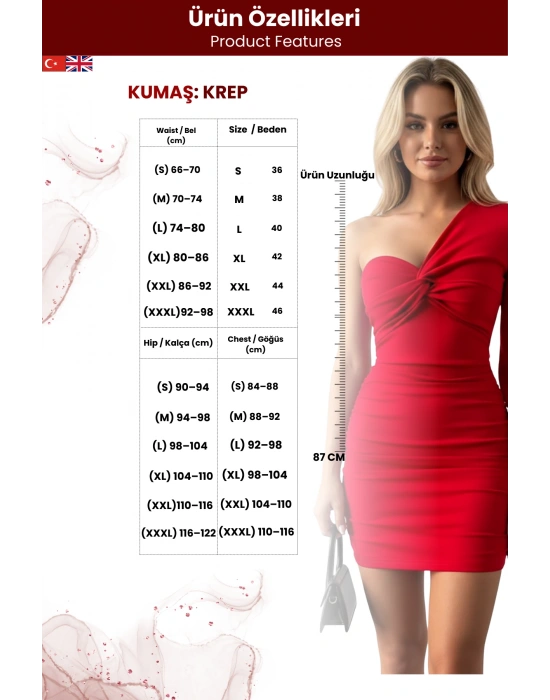 Kadın Krep Kumaş Önü Düğüm Detay Tek Kol Elbise