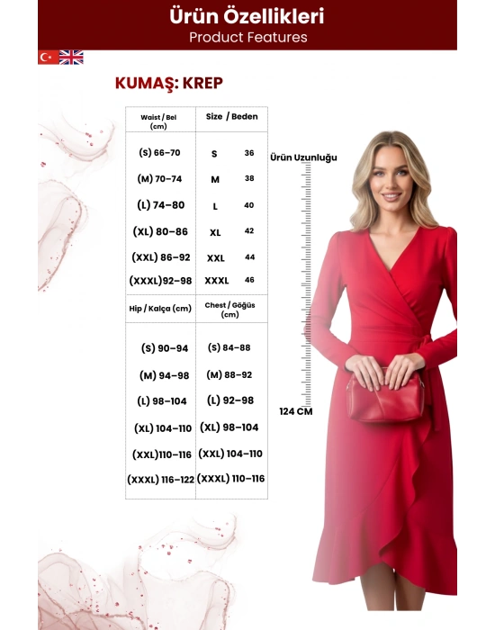 Kadın Krep Kumaş Uzun Kollu Kuşaklı Midi Elbise