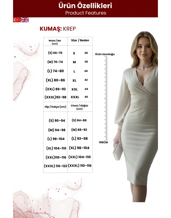 Kadın Kruvaze Kesim Manşetli Balon Kol Şık Krep Elbise