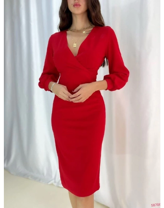 Kadın Kruvaze Yaka Balon Kol Midi Boy Elbise