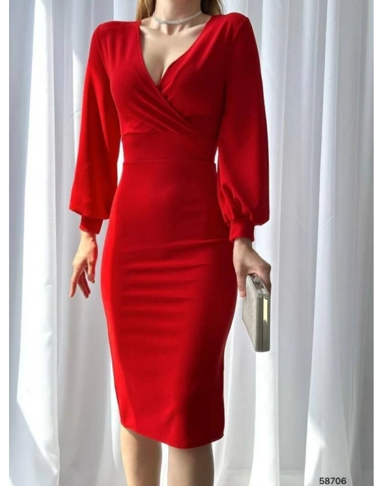 Kadın Kruvaze Yaka Balon Kol Midi Boy Elbise