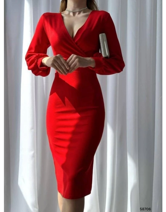 Kadın Kruvaze Yaka Balon Kol Midi Boy Elbise