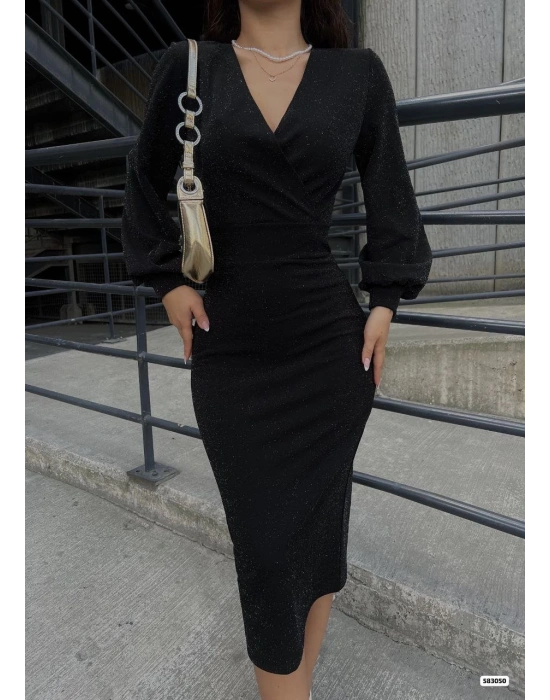 Kadın Kruvaze Yaka Balon Kol Simli Krep Kumaş Midi Boy Elbise