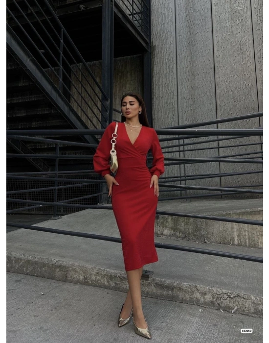 Kadın Kruvaze Yaka Balon Kol Simli Krep Kumaş Midi Boy Elbise