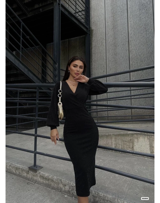 Kadın Kruvaze Yaka Balon Kol Simli Krep Kumaş Midi Boy Elbise