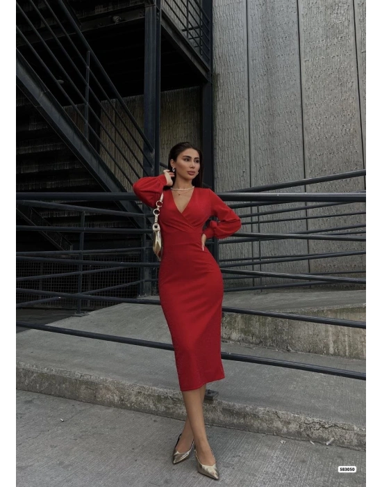 Kadın Kruvaze Yaka Balon Kol Simli Krep Kumaş Midi Boy Elbise