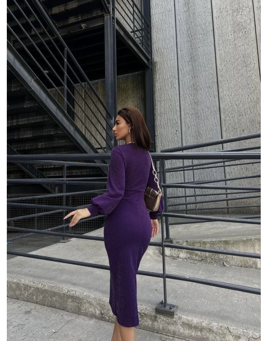 Kadın Kruvaze Yaka Balon Kol Simli Krep Kumaş Midi Boy Elbise