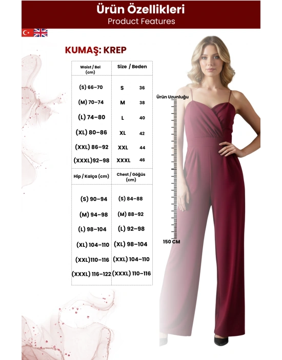 Kadın Kruvaze Yaka İthal Krep Kumaş Tulum