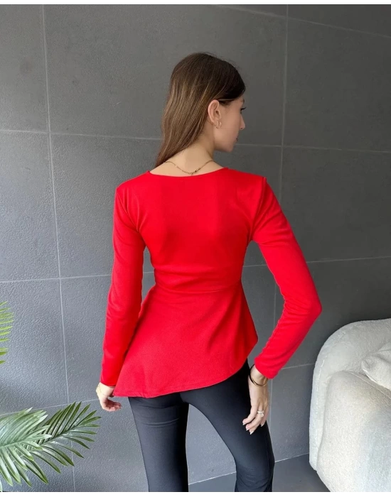 Kadın Kruvaze Yaka Kemer Detay Asimetrik Kesim Bluz