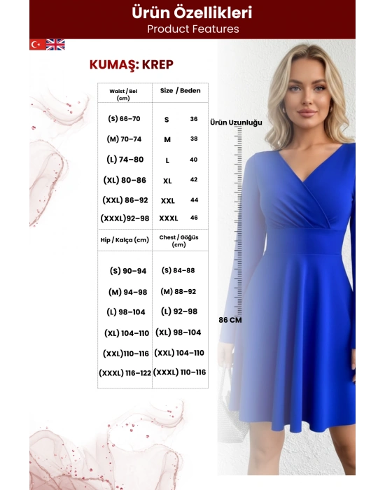 Kadın Kruvaze Yaka Krep Kumaş Uzun Kol Kloş Elbise