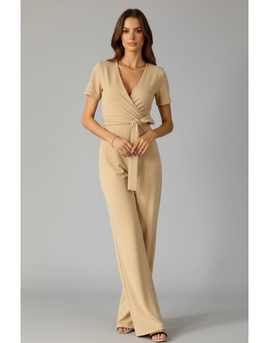 Kadın Kruvaze Yaka Kuşaklı Krep Kumaş Tulum